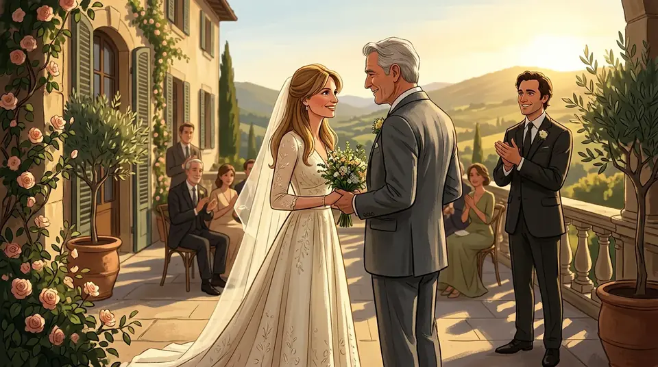 Animated editorial illustration for: Jemima Goldsmith reportedly remarries Irish businessman Cameron Orly