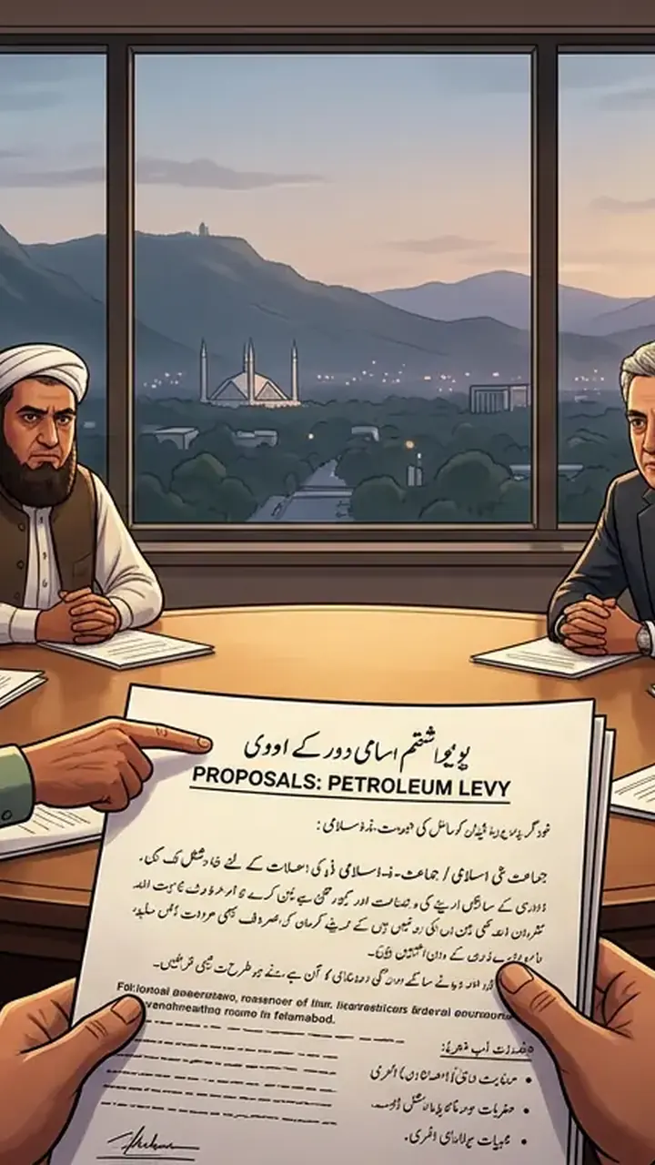 Animated editorial illustration for: JI protest against fuel levy gains support from Fazlur Rehman, KP CM