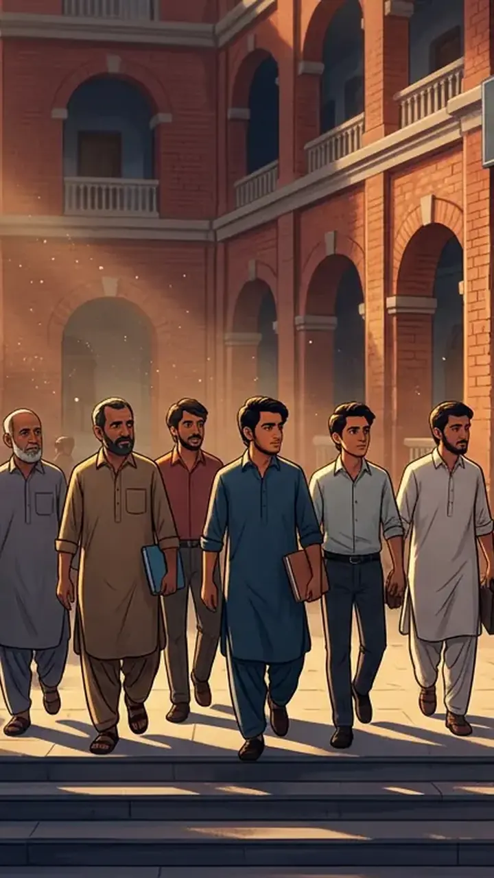 Animated editorial illustration for: Karachi ATC acquits seven accused in Naqeebullah Mehsud case