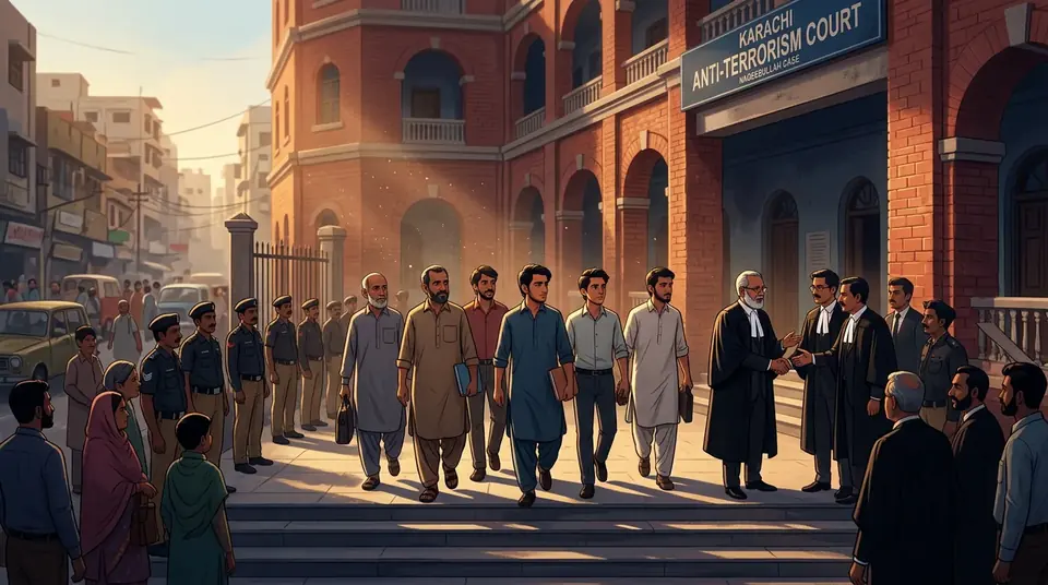 Animated editorial illustration for: Karachi ATC acquits seven accused in Naqeebullah Mehsud case