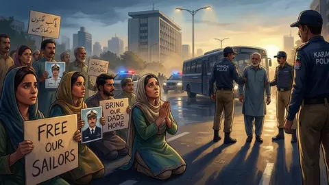 Animated editorial illustration for: Karachi police detail protest over Somali pirate hostages