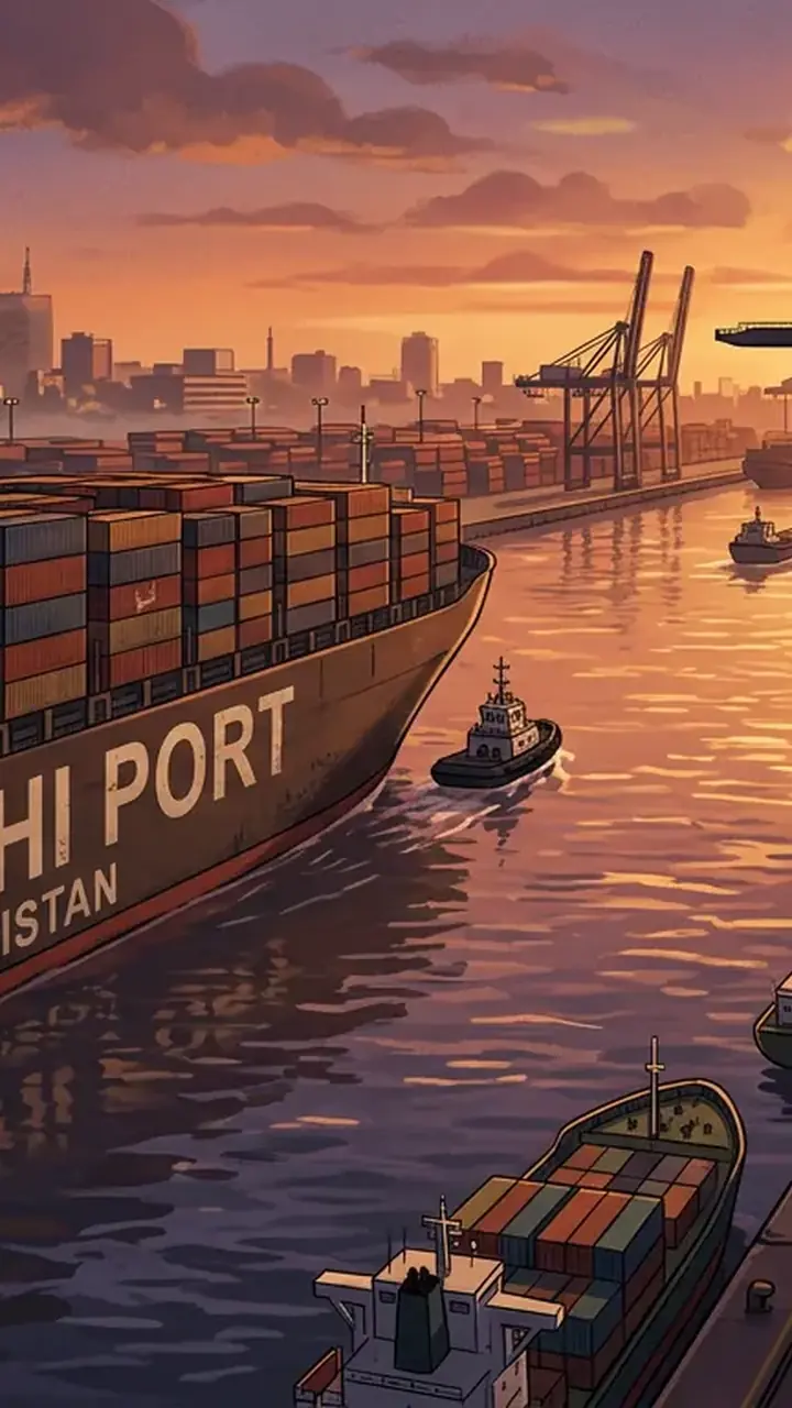 Animated editorial illustration for: Karachi Port Sets New Record with 55.8 Million Tonnes of Cargo Handled