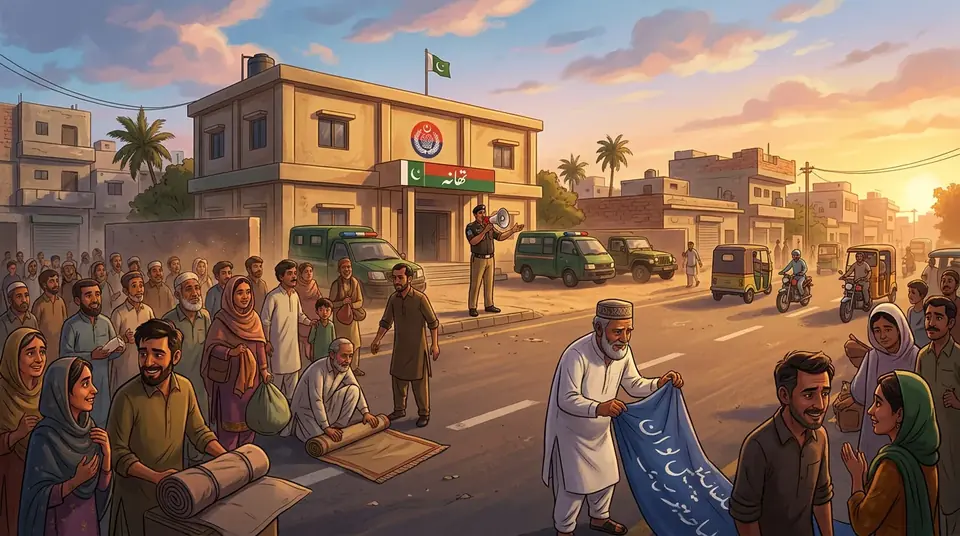 Animated editorial illustration for: Karachi Protest Ends After Arrests in Murder of Rosham Hussain