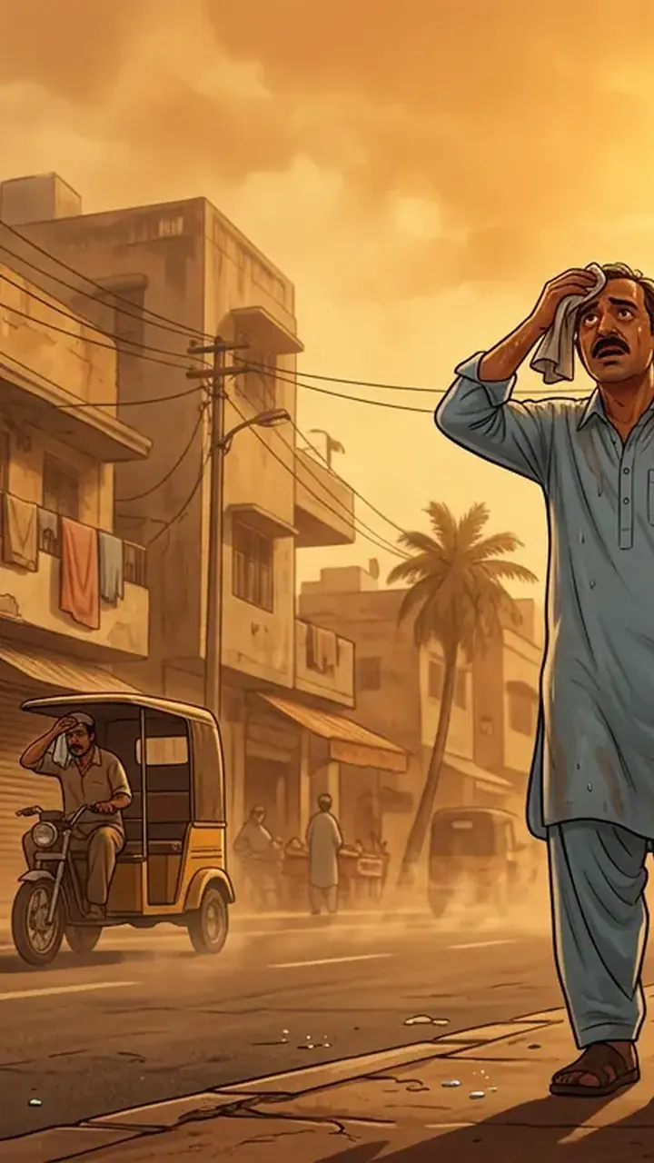 Animated editorial illustration for: Karachi sizzles as temperature hits 40.2°C amid suspended sea breeze