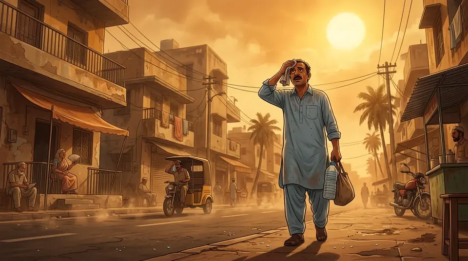 Animated editorial illustration for: Karachi sizzles as temperature hits 40.2°C amid suspended sea breeze
