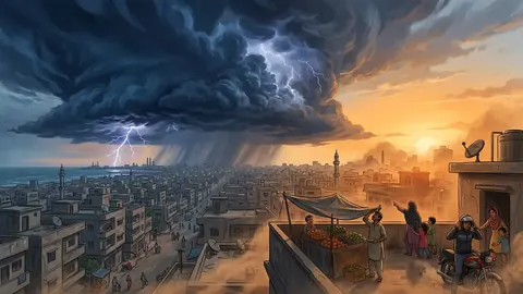 Animated editorial illustration for: Karachi forecast revised to light rain, thunderstorms from Sept 14-16