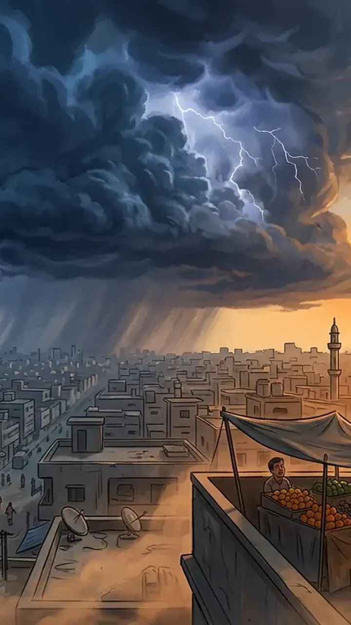 Animated editorial illustration for: Karachi forecast revised to light rain, thunderstorms from Sept 14-16