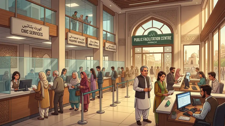 Animated editorial illustration for: Karachi to get one-stop public facilitation centre for CNIC, passport services