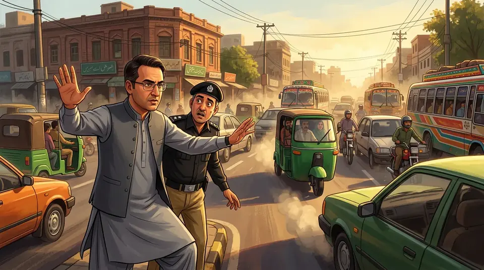 Animated editorial illustration for: KP CM Sohail Afridi Alleges Blockades in Lahore, Rejects Security