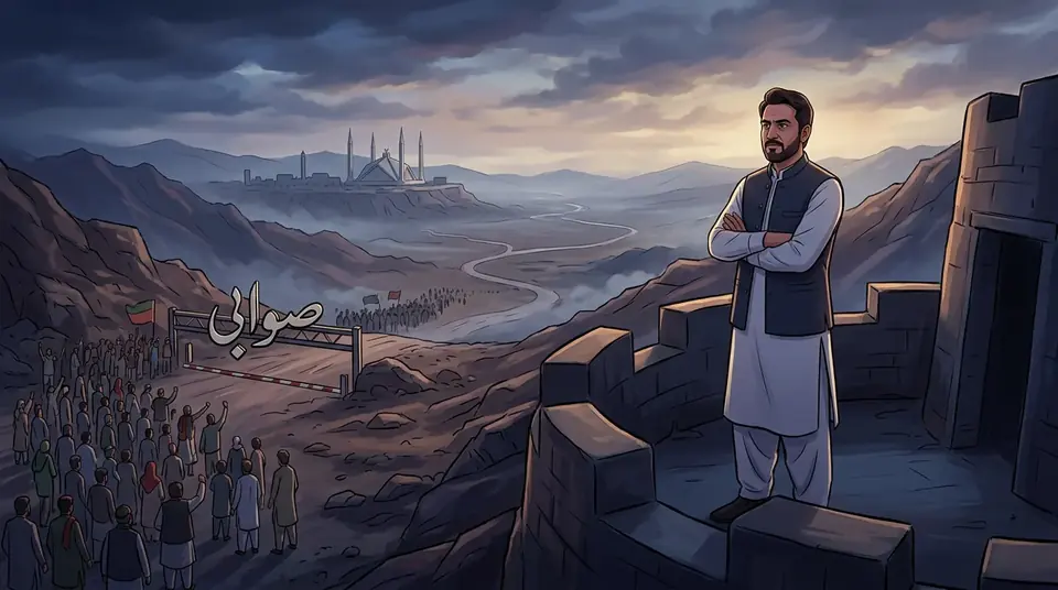 Animated editorial illustration for: KP Governor Challenges PTI to Proceed with Long March