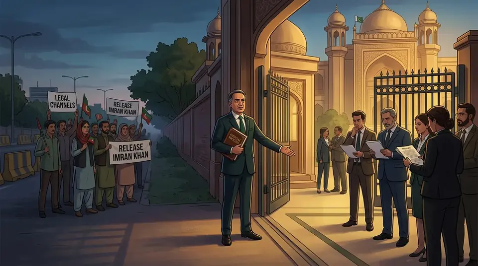 Animated editorial illustration for: Law Minister Advises PTI to Seek Imran Khan’s Release Through Courts