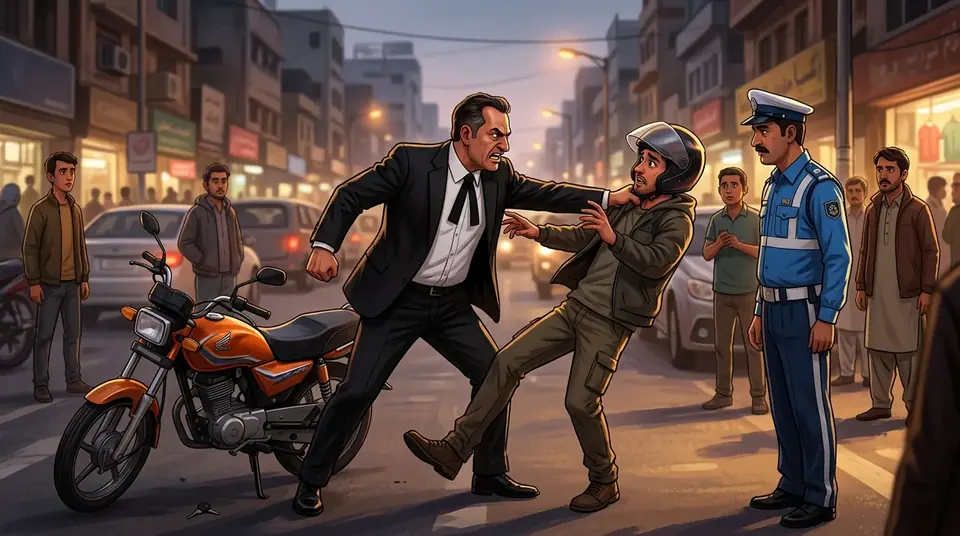 Animated editorial illustration for: Lawyer allegedly assaults motorcyclist in Rawalpindi, video goes viral
