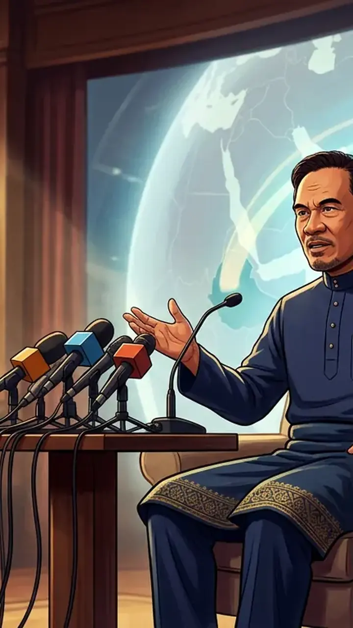 Animated editorial illustration for: Malaysian PM Anwar Ibrahim Rejects Allegations Linking Pakistan to Terrorism