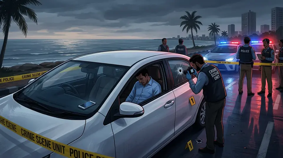 Animated editorial illustration for: Man found shot dead in car near Karachi’s Sea View