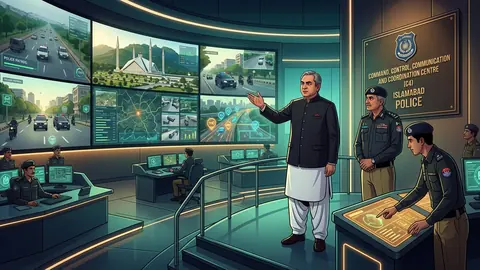 Animated editorial illustration for: Mohsin Naqvi inaugurates modern Command and Control Centre for Islamabad Police