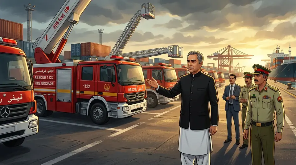 Animated editorial illustration for: Mohsin Naqvi Inspects 21 New Rescue Vehicles for Islamabad at Karachi Port