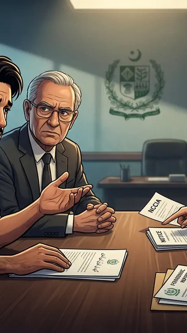 Animated editorial illustration for: NCCIA to Issue Written Notice to Muhammad Rizwan Amid Non-Cooperation Claims