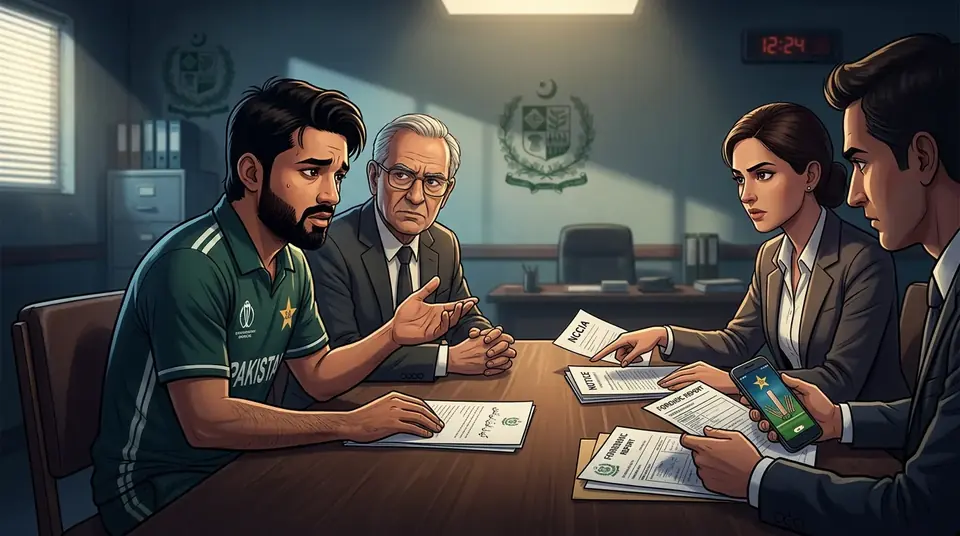 Animated editorial illustration for: NCCIA to Issue Written Notice to Muhammad Rizwan Amid Non-Cooperation Claims
