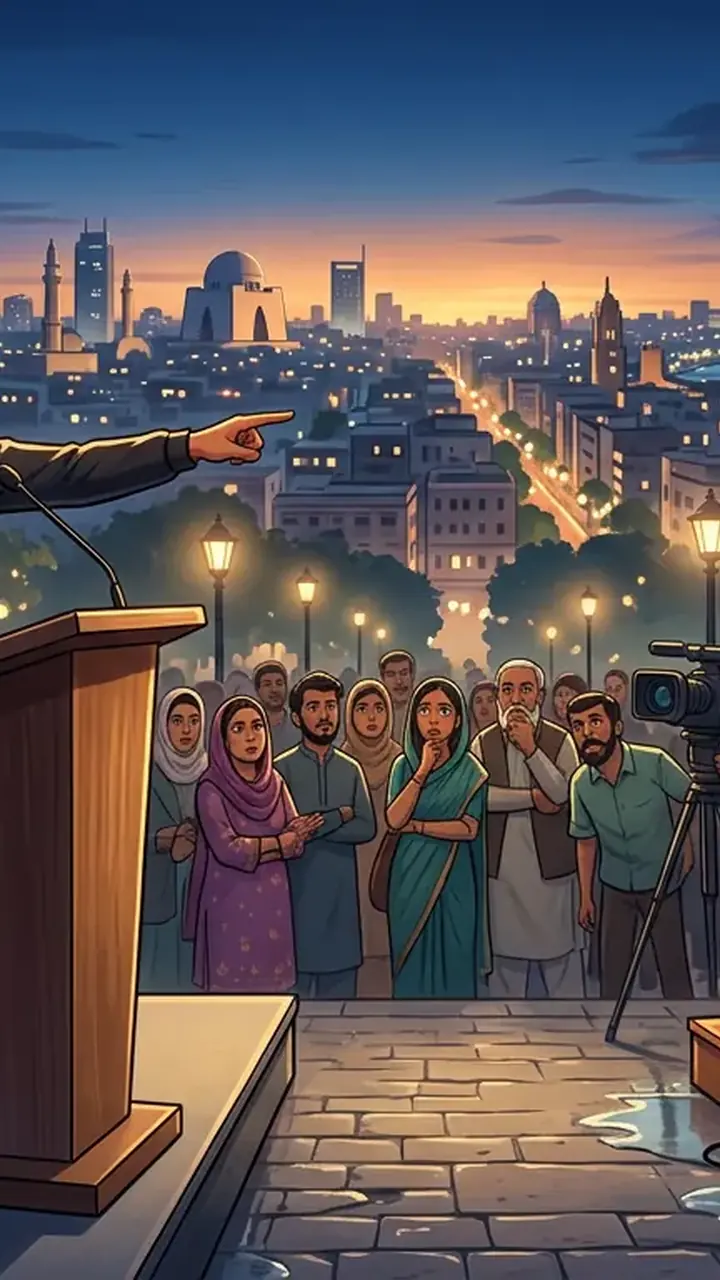 Animated editorial illustration for: Murtaza Wahab accepts Mustafa Kamal’s debate challenge over Karachi funds