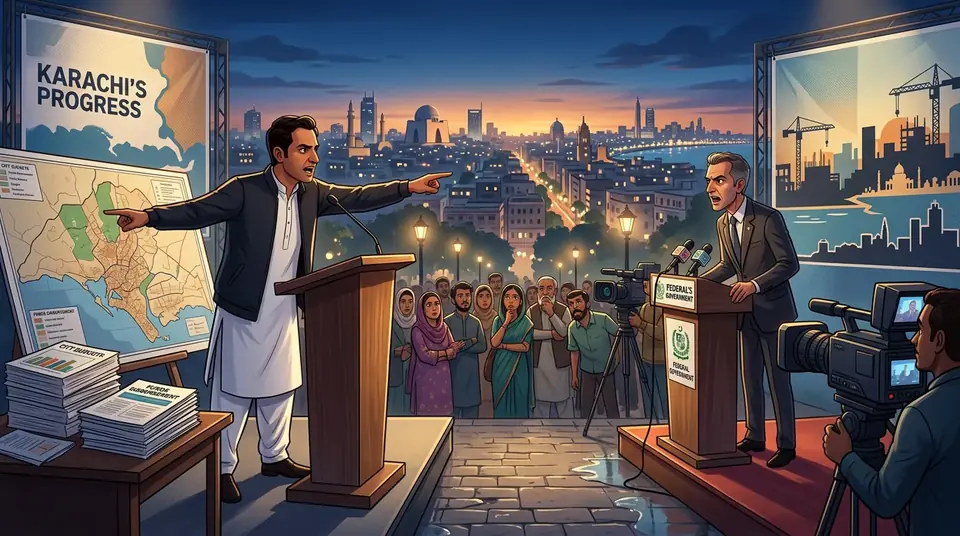 Animated editorial illustration for: Murtaza Wahab accepts Mustafa Kamal’s debate challenge over Karachi funds