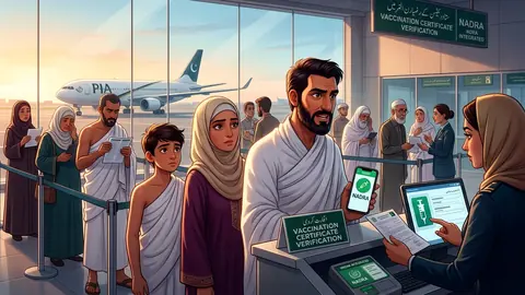 Animated editorial illustration for: Umrah Pilgrim Vaccination Rule Enforced Only at Karachi Airport For Now