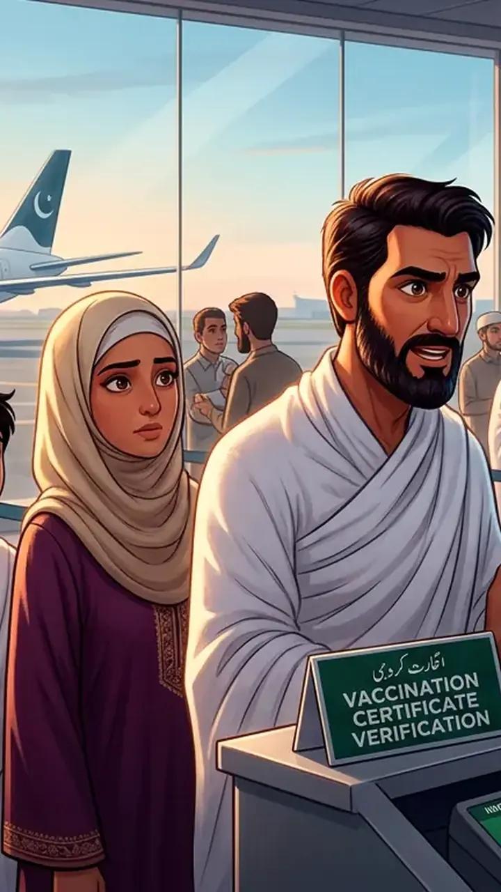 Animated editorial illustration for: Umrah Pilgrim Vaccination Rule Enforced Only at Karachi Airport For Now