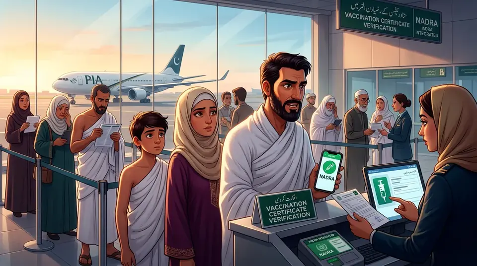 Animated editorial illustration for: Umrah Pilgrim Vaccination Rule Enforced Only at Karachi Airport For Now