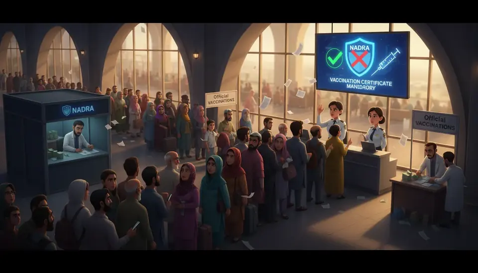 Animated editorial illustration for: Umrah Pilgrim Vaccination Drive in Karachi Hit by System Outages, Overcharging