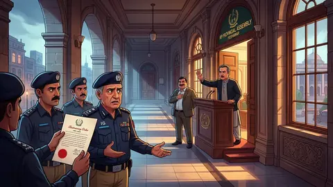 Animated editorial illustration for: KP Speaker Babar Swati responds to Mohsin Naqvi’s criticism of MPA arrest law