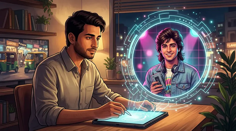 Animated editorial illustration for: New Viral AI Trend Takes Social Media Users Back to the 1980s