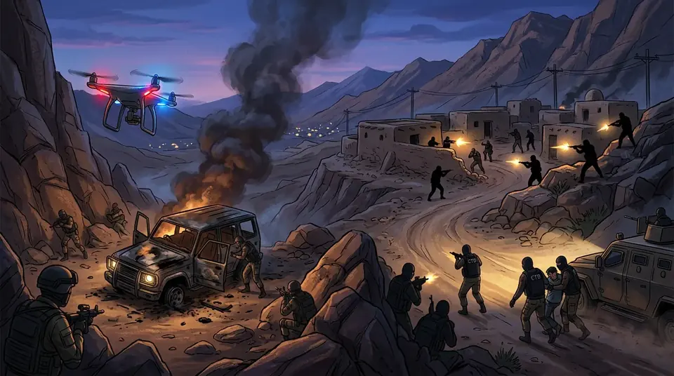 Animated editorial illustration for: Nine terrorists, including commander, killed in Balochistan operations