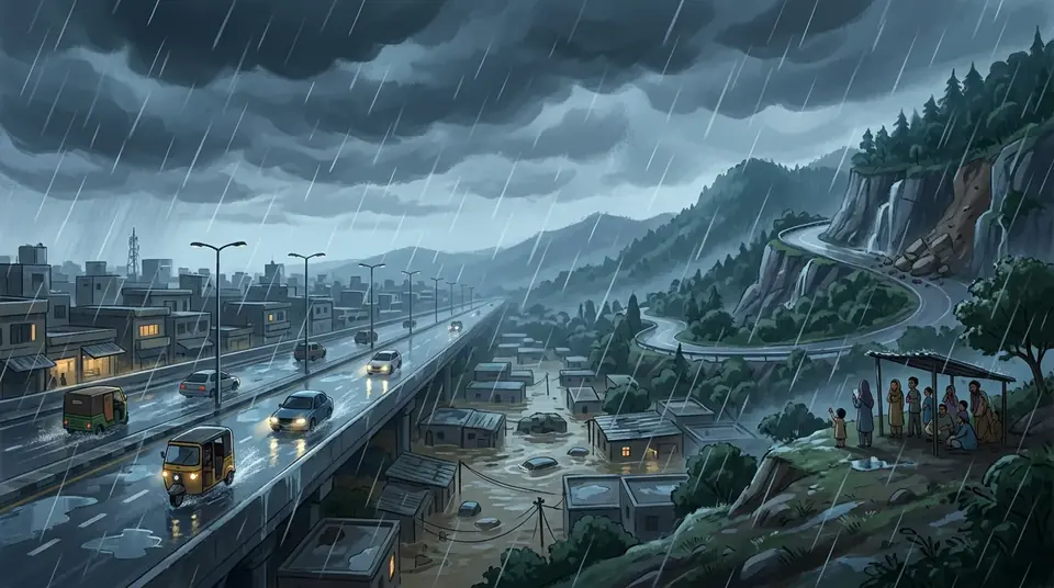 Animated editorial illustration for: PDMA Issues Urban Flooding, Landslide Alert for Punjab Amid Heavy Rain