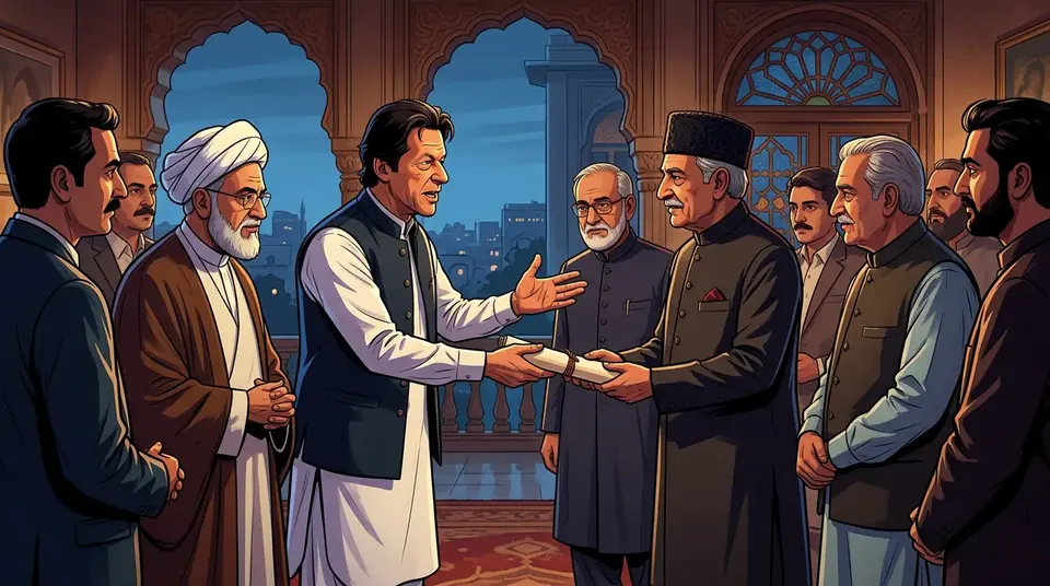 Animated editorial illustration for: Opposition delegation including PTI’s Gohar Khan meets PPP to invite for APC
