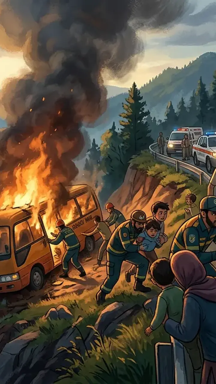 Animated editorial illustration for: 11 Injured as School Van Crashes, Catches Fire in Murree