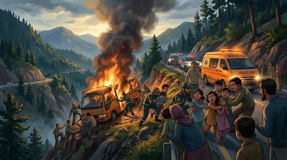 Animated editorial illustration for: Over 10 children injured as school van crashes, catches fire in Murree