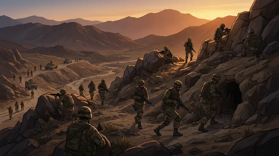 Animated editorial illustration for: Over 71 militants killed in Balochistan operations, says ISPR