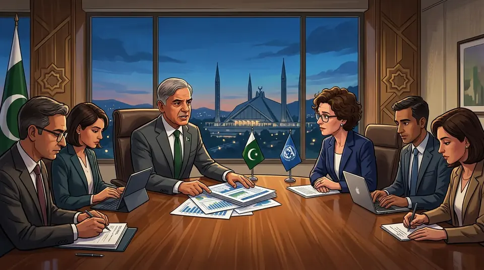 Animated editorial illustration for: Pakistan and IMF Begin Formal Talks for Fifth Loan Tranche