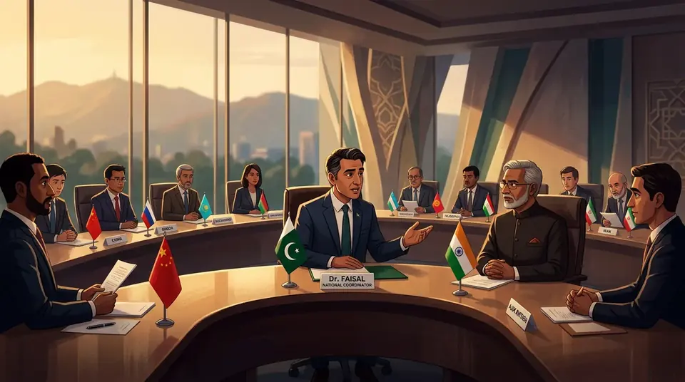 Animated editorial illustration for: Pakistan hosts SCO National Coordinators meeting in Islamabad