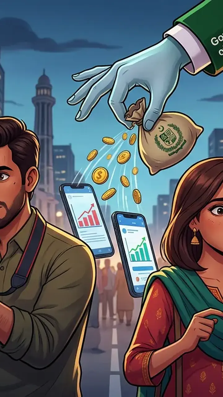 Animated editorial illustration for: Pakistan Introduces Tax on Social Media Content Creators and Influencers