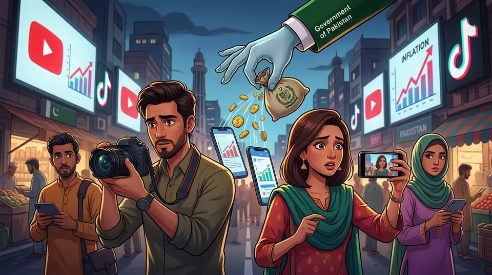 Animated editorial illustration for: Pakistan Introduces Tax on Social Media Content Creators and Influencers