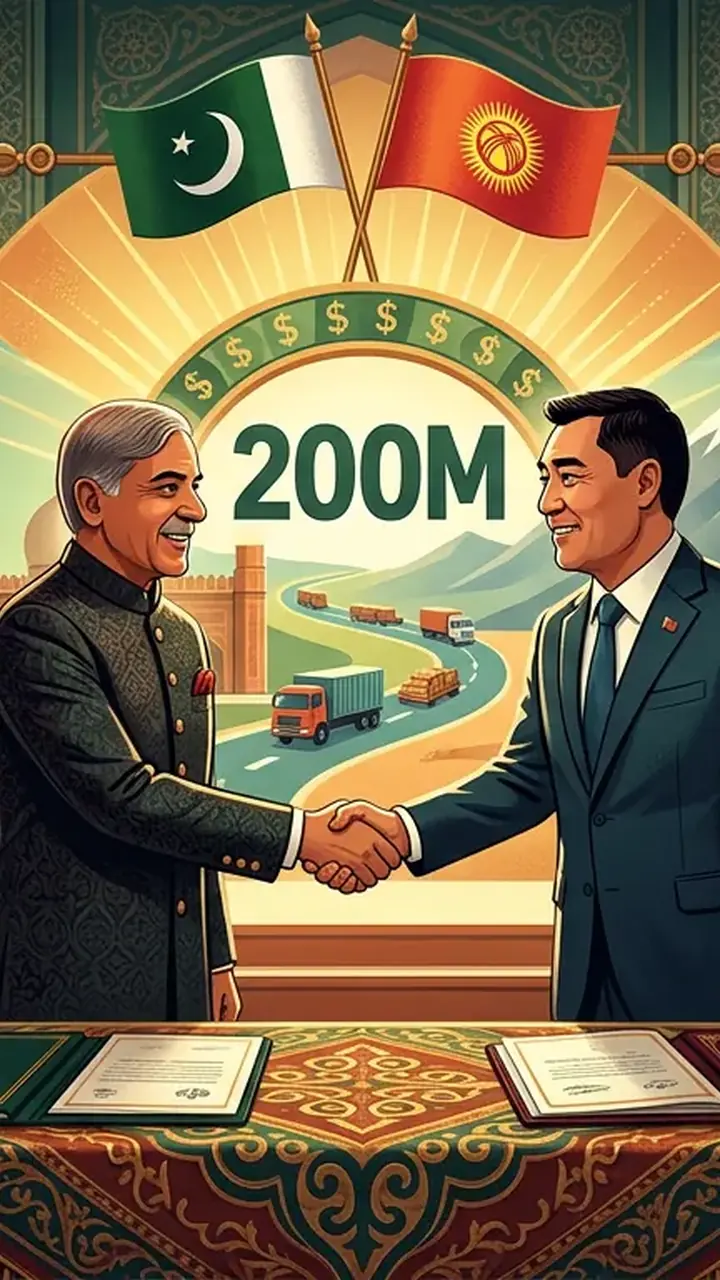 Animated editorial illustration for: Pakistan, Kyrgyzstan sign deal to boost bilateral trade to $200 million