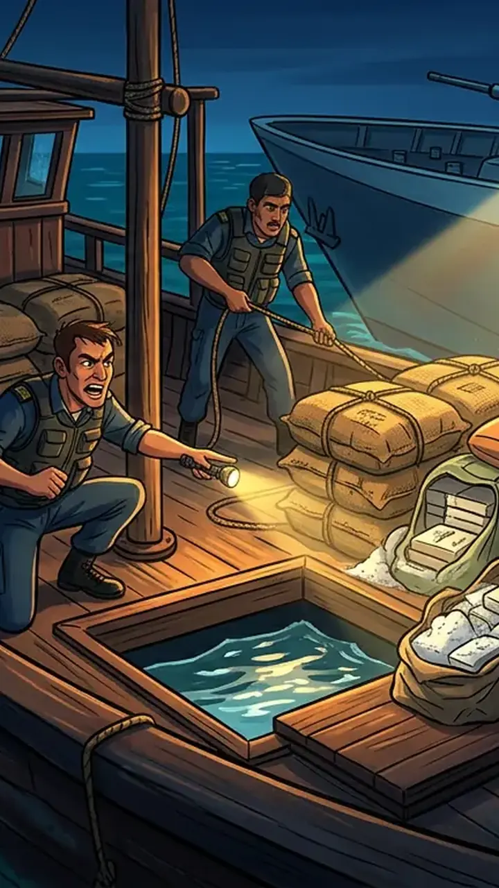 Animated editorial illustration for: Pakistan Navy seizes narcotics worth $750 million in Arabian Sea
