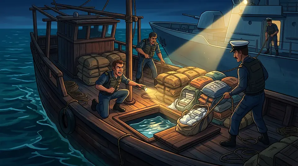 Animated editorial illustration for: Pakistan Navy Seizes Narcotics Worth $750 Million in Arabian Sea