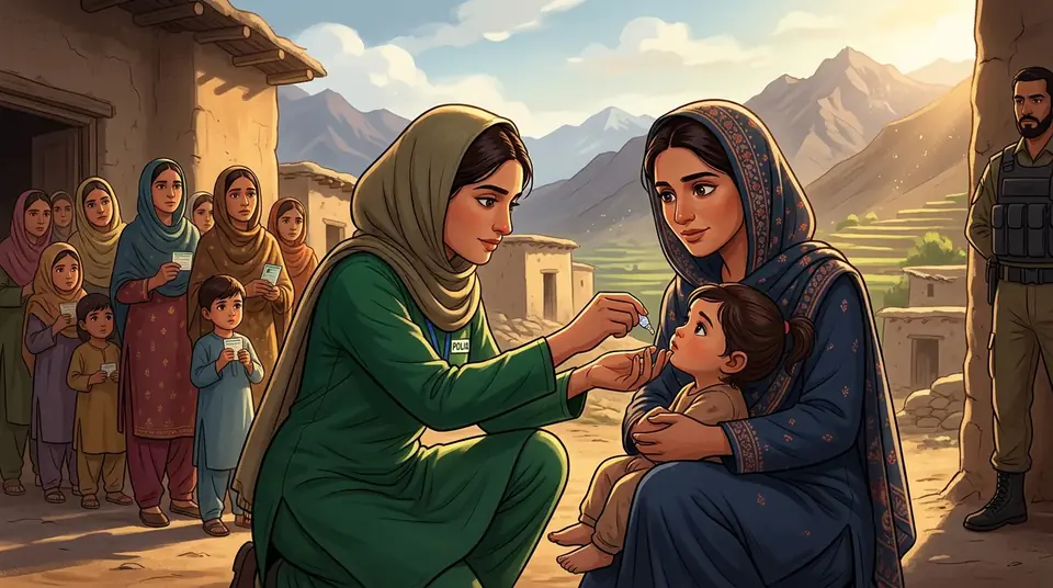 Animated editorial illustration for: Pakistan reports fifth polio case of 2026 in Khyber Pakhtunkhwa