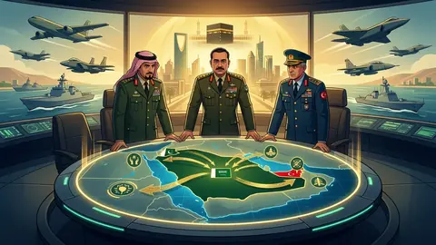Animated editorial illustration for: Makkah Defence Pact Activated After Reported Attack on Holy City