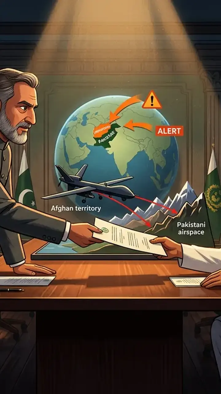 Animated editorial illustration for: Pakistan Summons Afghan Envoy Over Airspace Violation, Terror Concerns