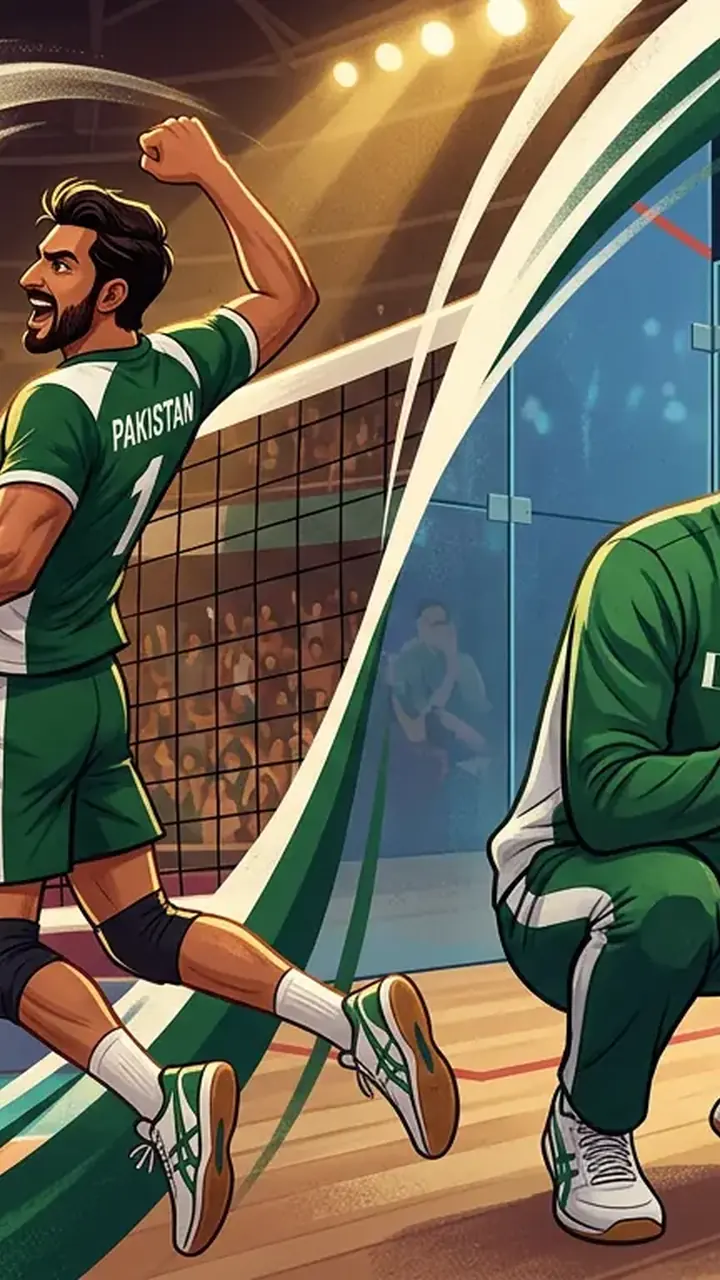 Animated editorial illustration for: Pakistan volleyball team wins Asian Games opener; squash players secure bronze