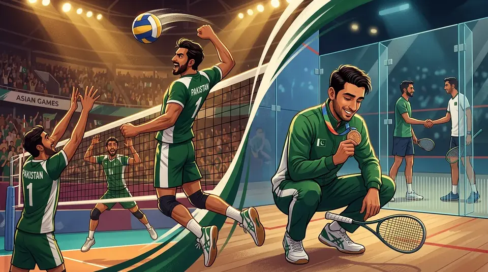 Animated editorial illustration for: Pakistan volleyball team wins Asian Games opener; squash players secure bronze
