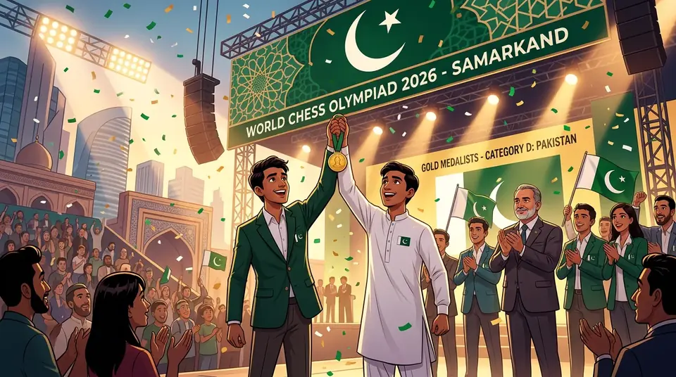 Animated editorial illustration for: Pakistan wins gold medal at World Chess Olympiad in Uzbekistan