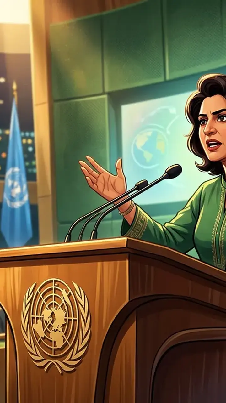 Animated editorial illustration for: Pakistani Diplomat Saima Saleem Accuses India of Exporting Terrorism at UN